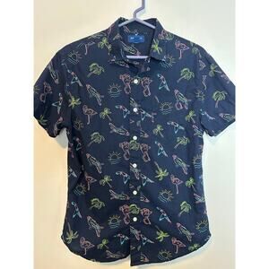 Arizona Jean Men’s Small Tropical Button Up Shirt Navy Flamingo Palm Tree Cotton